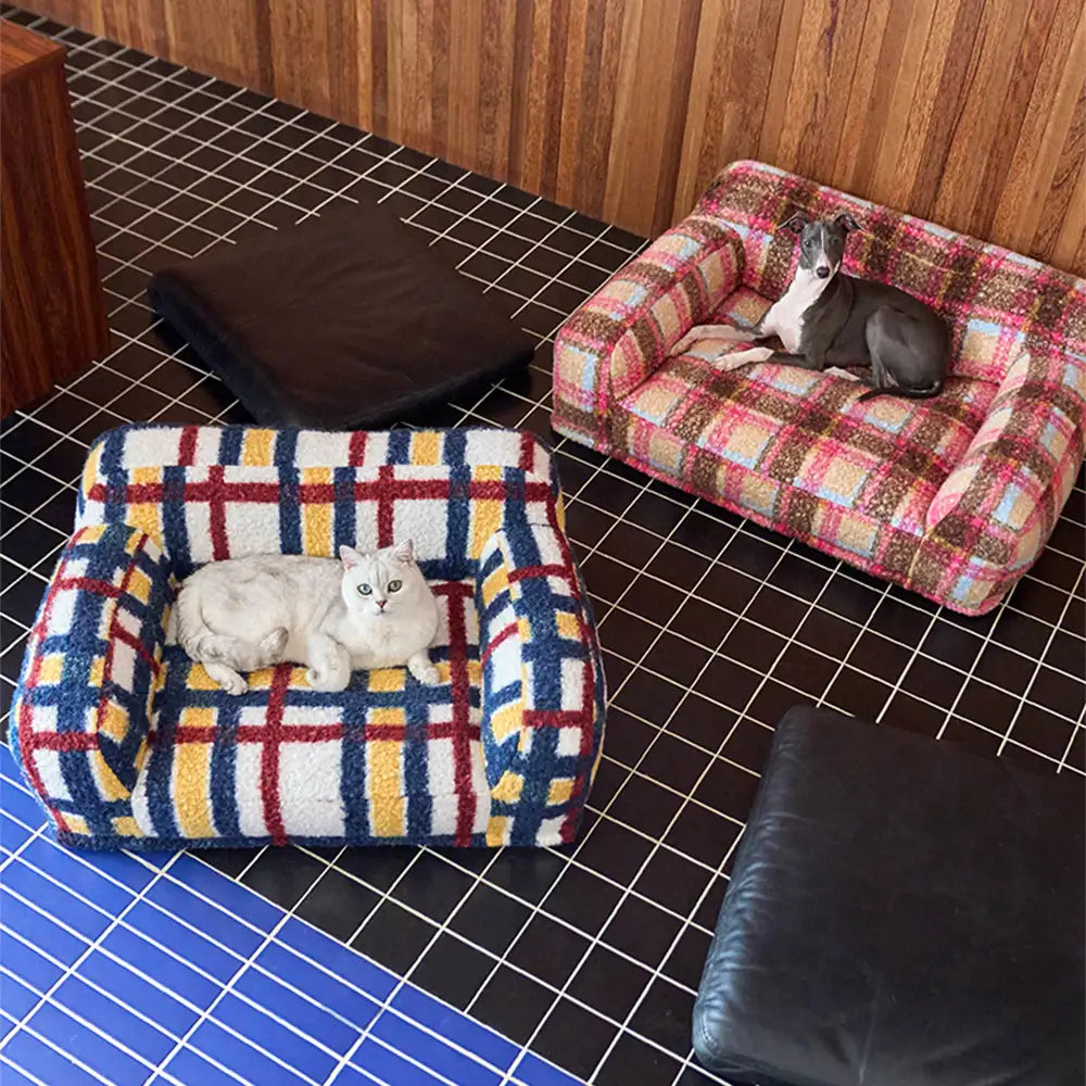 Cozy Plaid Faux Lambs Wool Washable Dog & Cat Sofa Bed - Vintage Modern