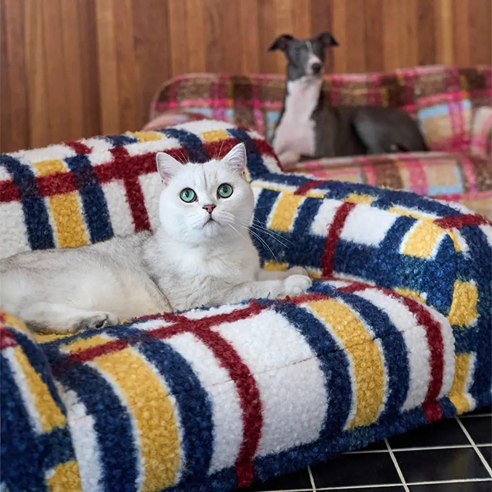 Cozy Plaid Faux Lambs Wool Washable Dog & Cat Sofa Bed - Vintage Modern