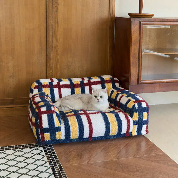 Cozy Plaid Faux Lambs Wool Washable Dog & Cat Sofa Bed - Vintage Modern