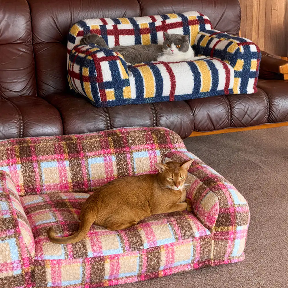 Cozy Plaid Faux Lambs Wool Washable Dog & Cat Sofa Bed - Vintage Modern