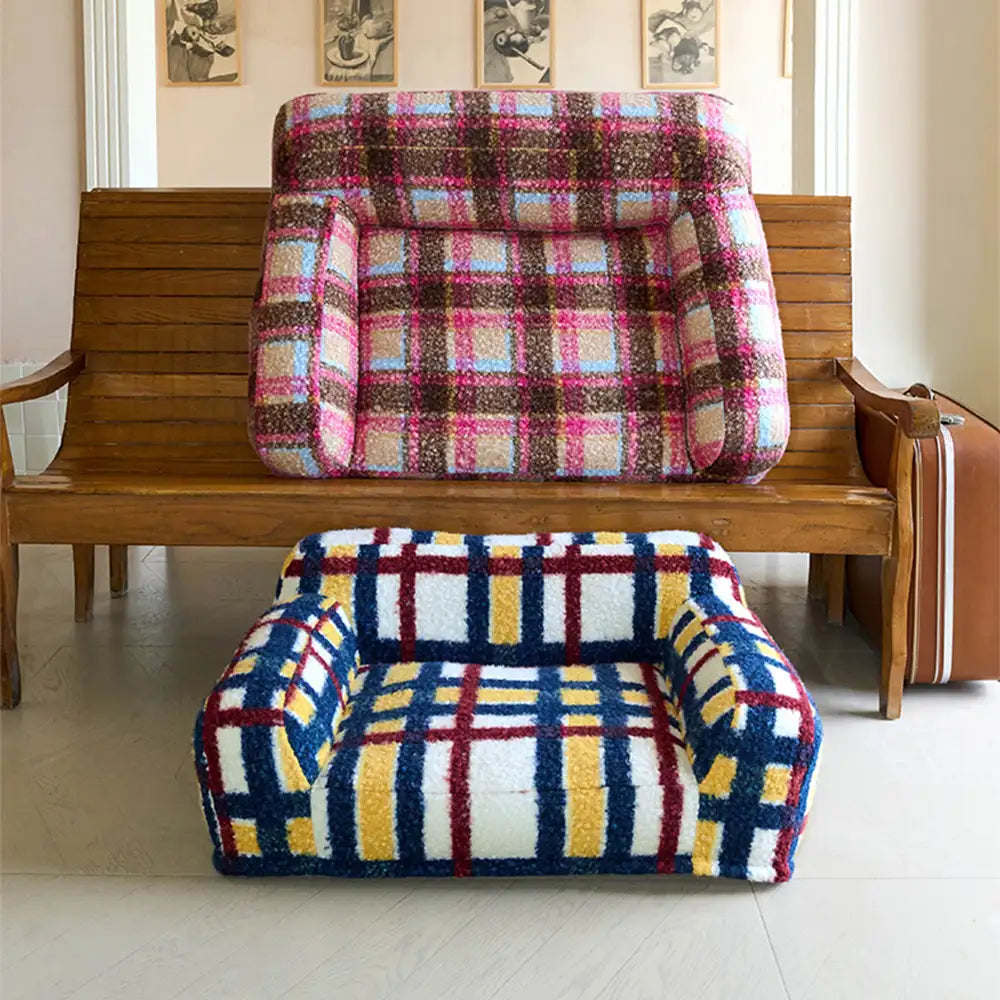 Cozy Plaid Faux Lambs Wool Washable Dog & Cat Sofa Bed - Vintage Modern