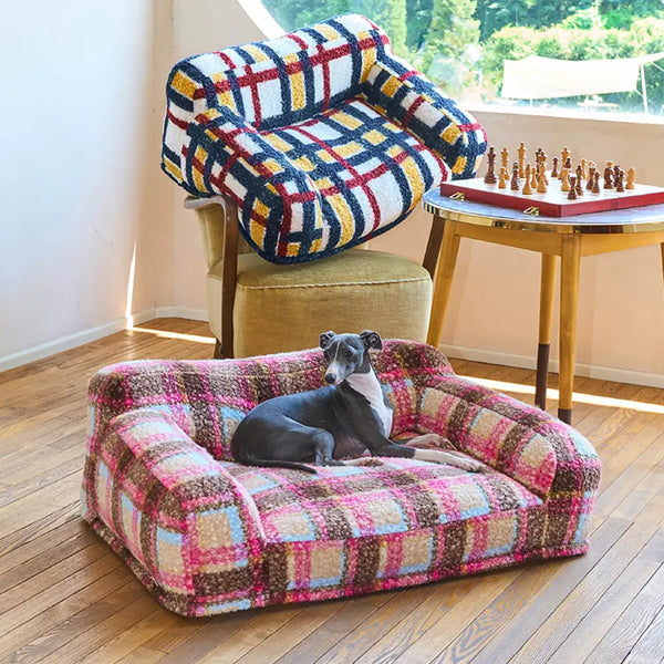 Cozy Plaid Faux Lambs Wool Washable Dog & Cat Sofa Bed - Vintage Modern
