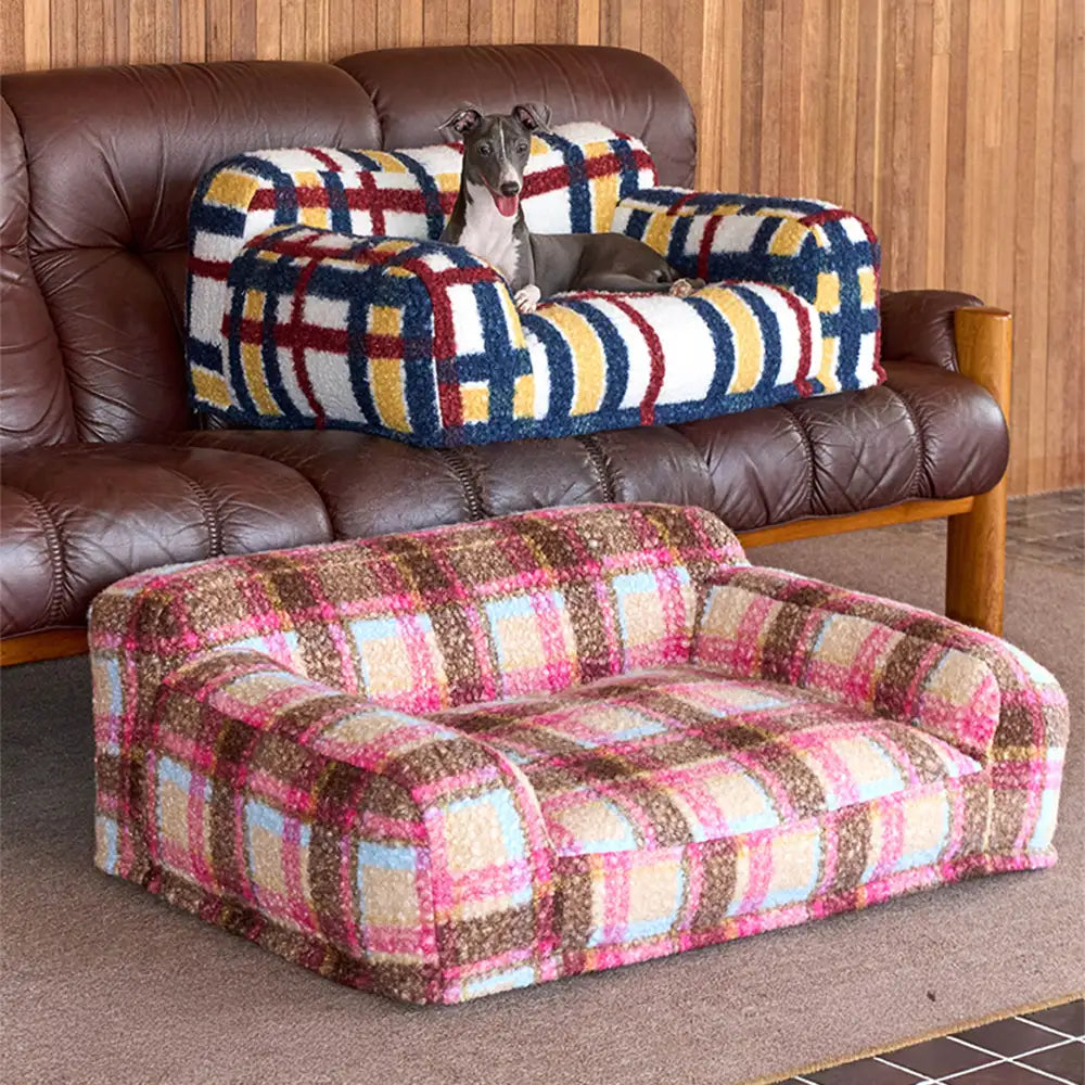 Cozy Plaid Faux Lambs Wool Washable Dog & Cat Sofa Bed - Vintage Modern