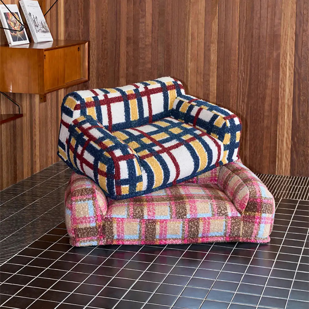 Cozy Plaid Faux Lambs Wool Washable Dog & Cat Sofa Bed - Vintage Modern