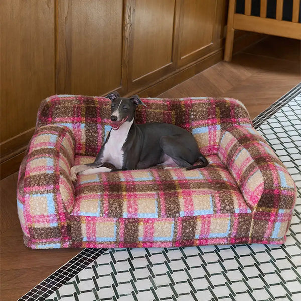 Cozy Plaid Faux Lambs Wool Washable Dog & Cat Sofa Bed - Vintage Modern