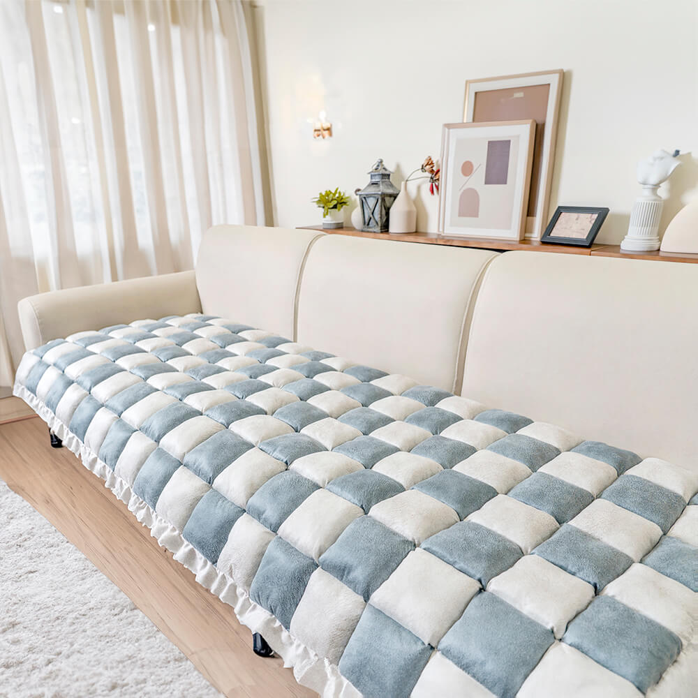 Cream-colored Large Plaid Square Fuzzy Pet Dog Mat Bed Sofa Cover