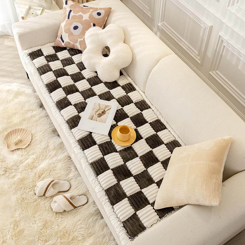 Cream-colored Large Plaid Square Fuzzy Pet Dog Mat Bed Sofa Cover