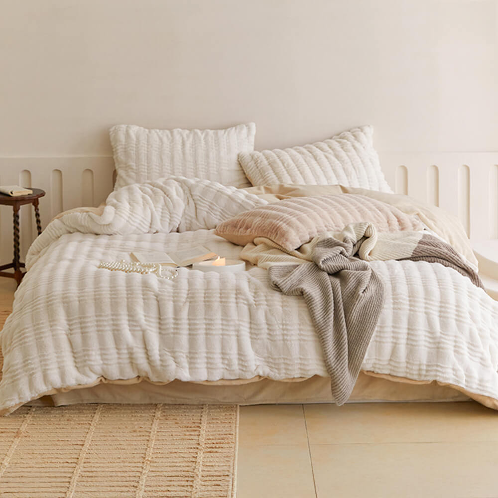 Creamy Striped Faux Rabbit Fur Warm Bed Sheet Set