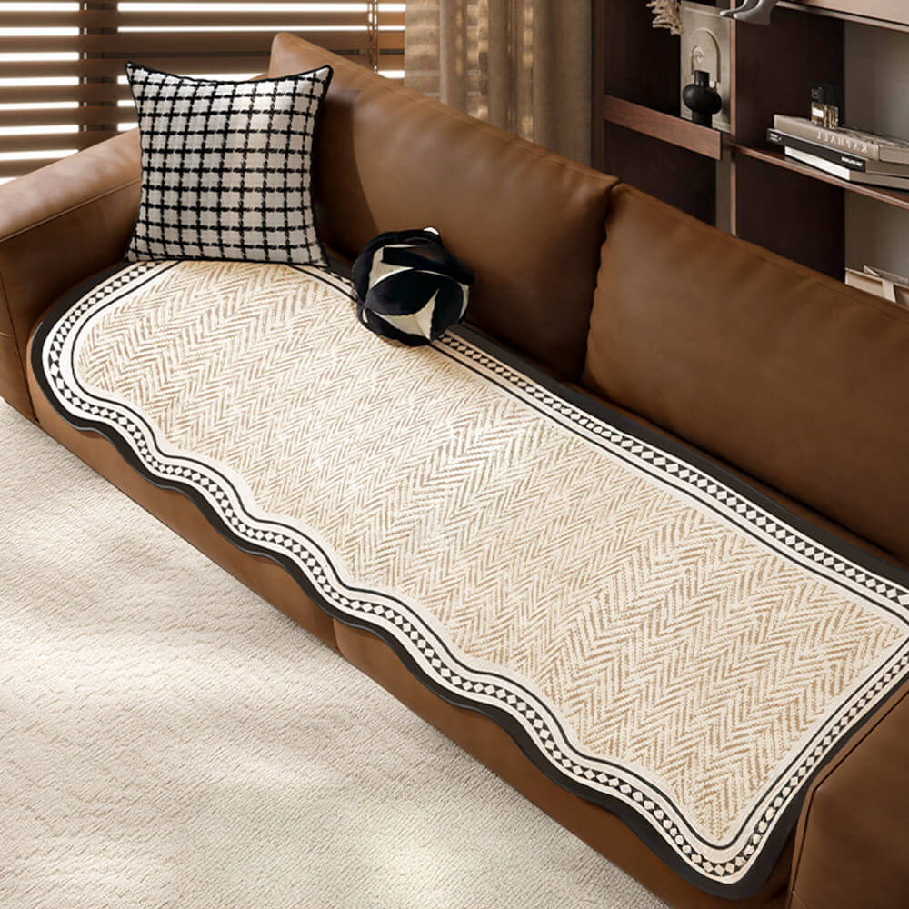 Durable Herringbone Pattern Anti-Slip Sofa Cover with Wavy Trim – Pet Scratch Resistant
