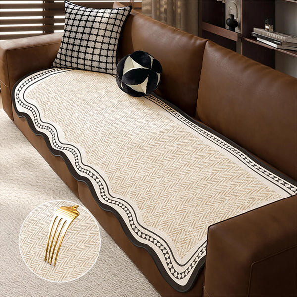 Durable Herringbone Pattern Anti-Slip Couch Cover with Wavy Trim – Pet Scratch Resistant