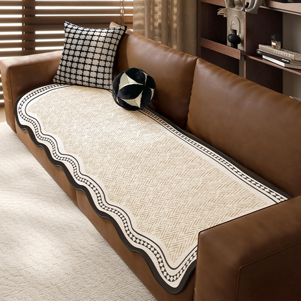 Durable Herringbone Pattern Anti-Slip Sofa Cover with Wavy Trim – Pet Scratch Resistant