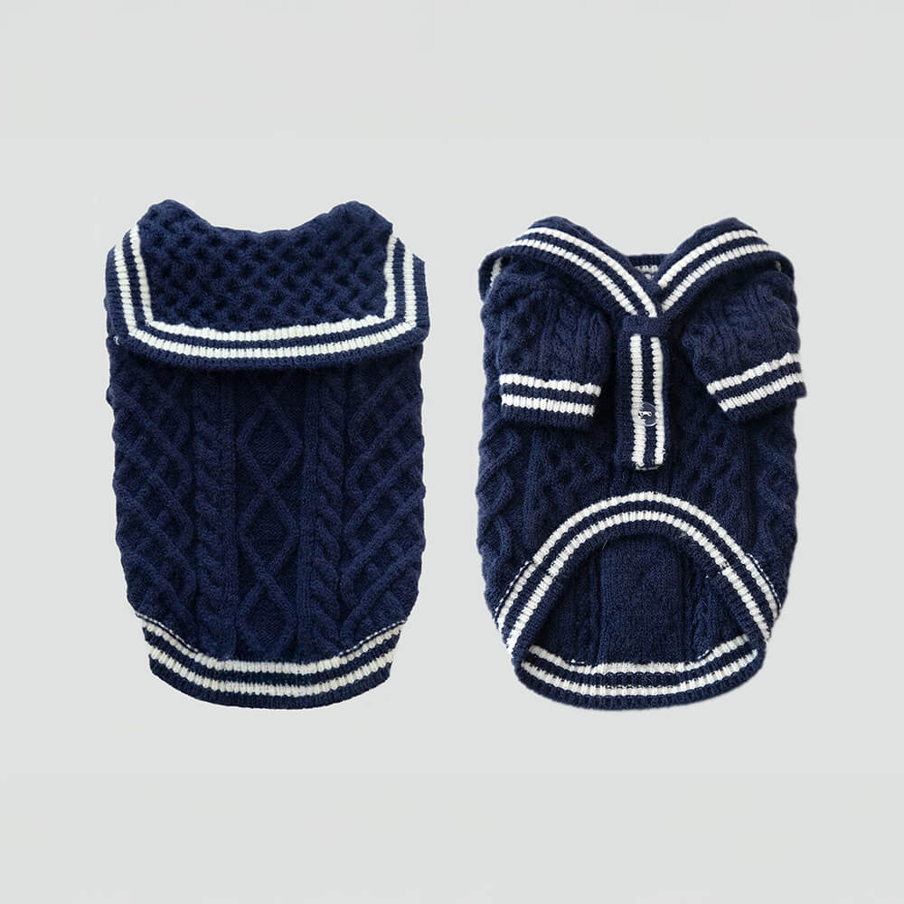 Nautical Navy-Inspired Striped Polo Style Knit Dog Sweater