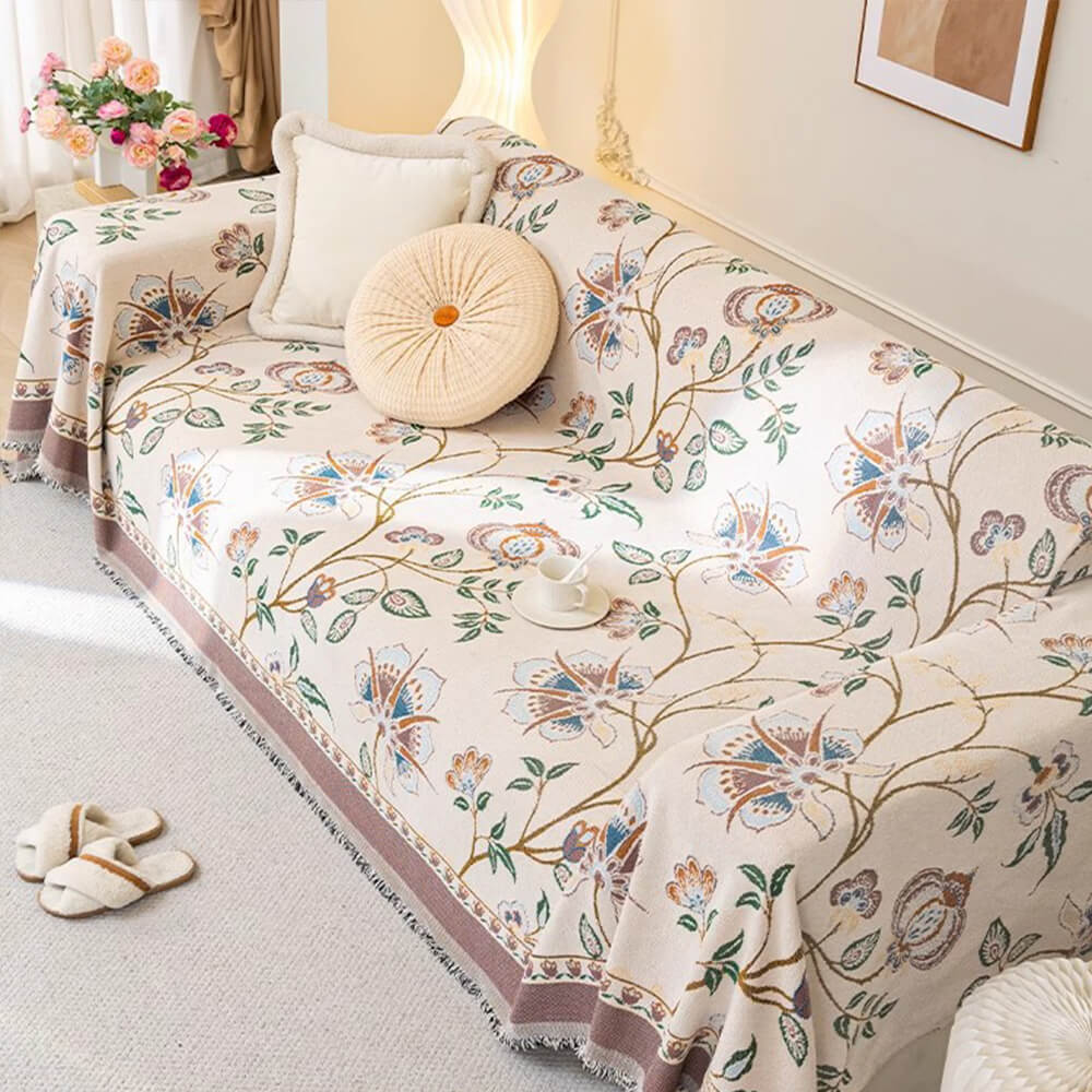 Vintage Botanical Floral Chenille Jacquard Sofa Protector Throw Couch Cover