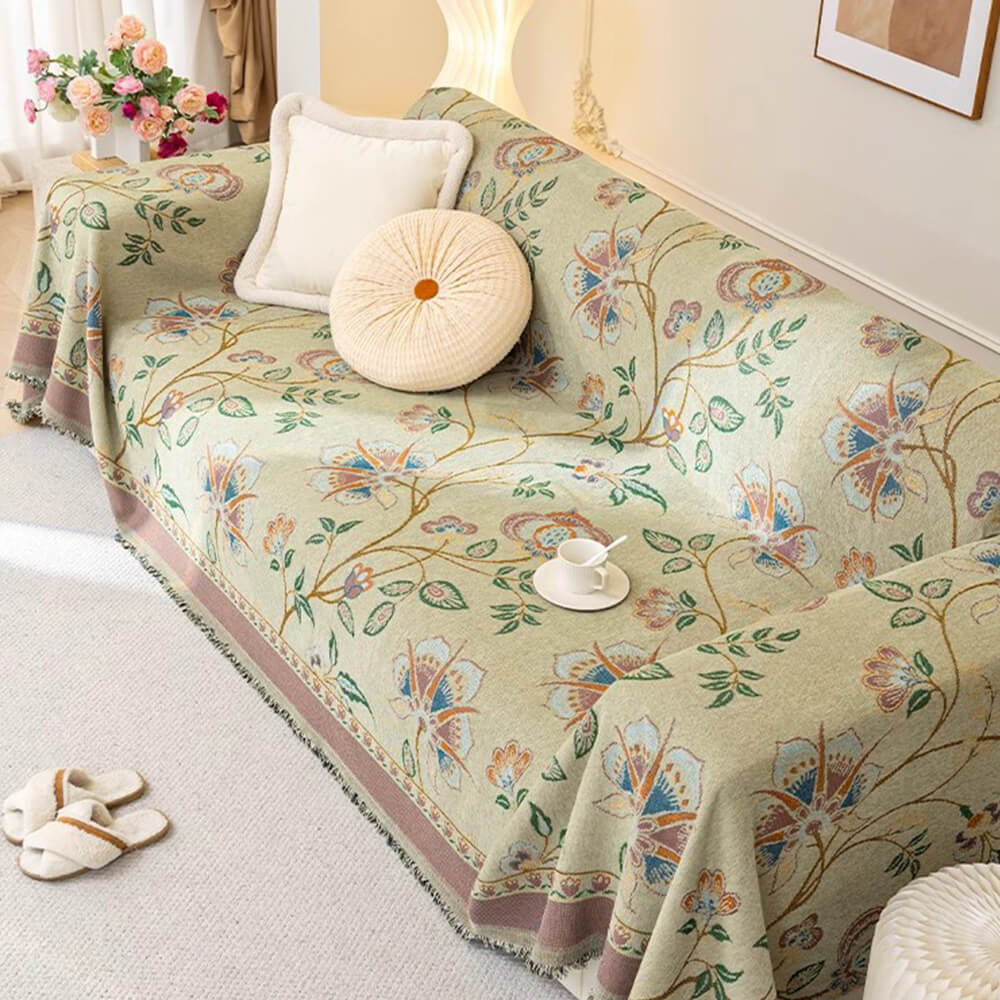 Vintage Botanical Floral Chenille Jacquard Sofa Protector Throw Couch Cover
