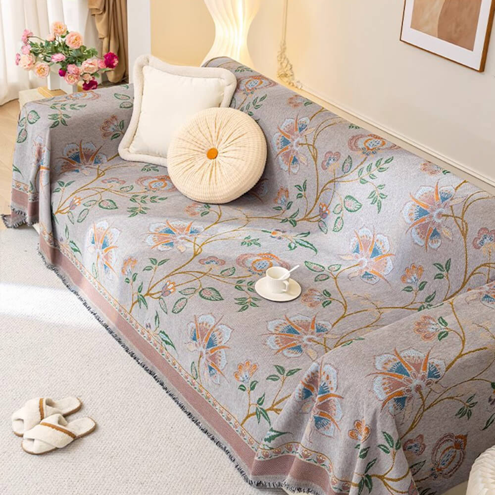 Vintage Botanical Floral Chenille Jacquard Sofa Protector Throw Couch Cover
