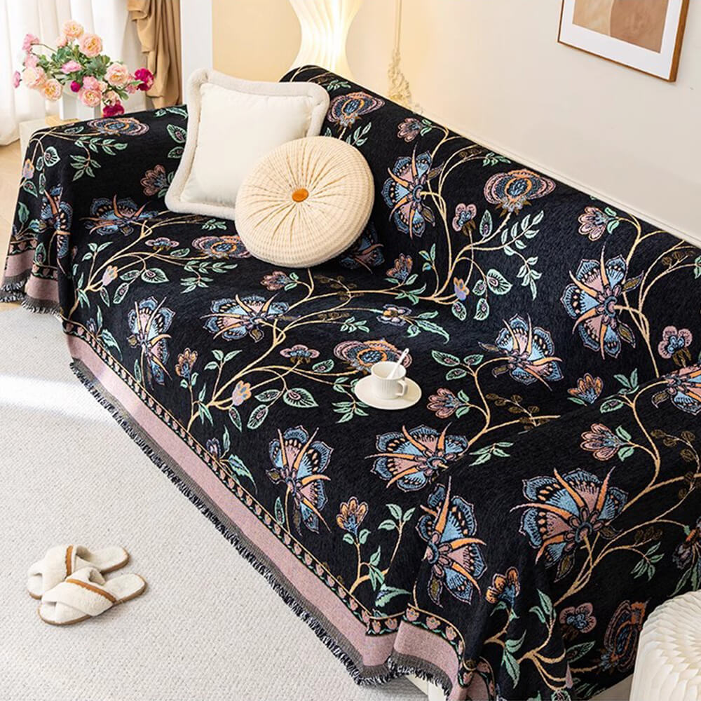 Vintage Botanical Floral Chenille Jacquard Sofa Protector Throw Couch Cover