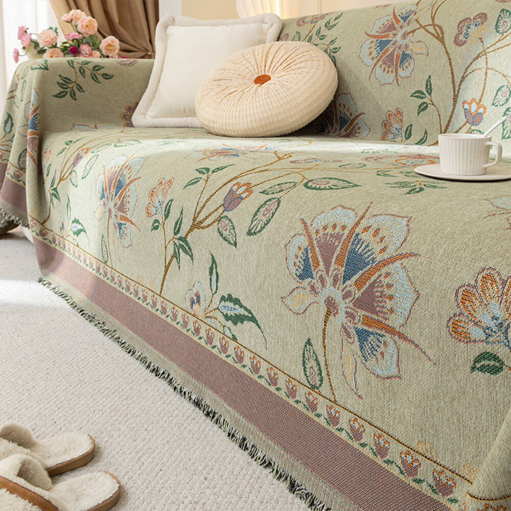 Vintage Botanical Floral Chenille Jacquard Sofa Protector Throw Couch Cover