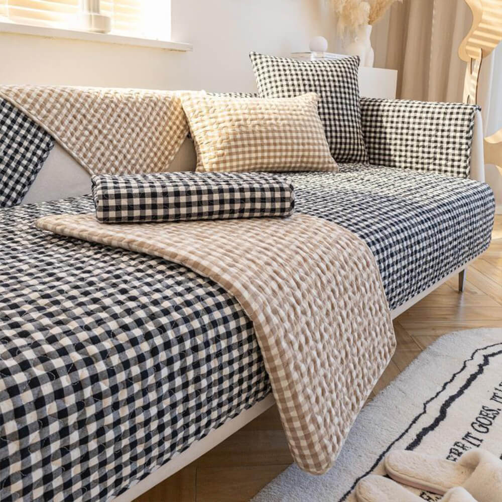Retro Plaid Washed Cotton Wear-Resistant Non-Pilling Sofa Cover