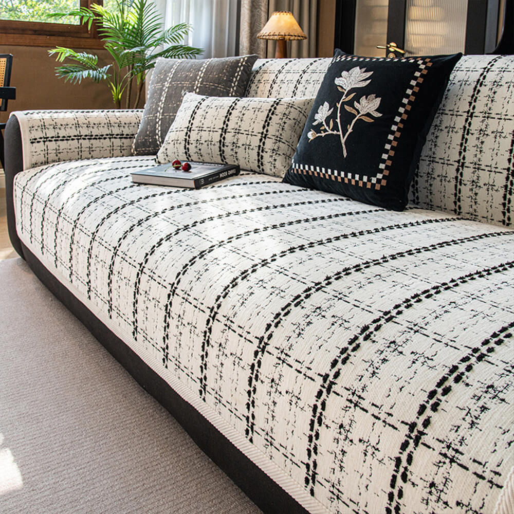 Elegant Checkered Jacquard Chenille All-Season Sofa Protector Sofa Cover