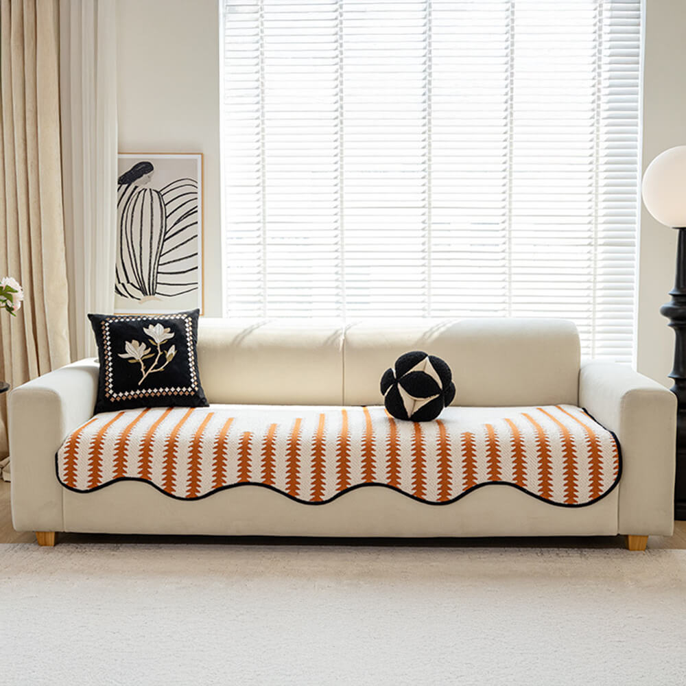 Modern Chevron Stripes Chenille Sofa Cover with Wavy Edges
