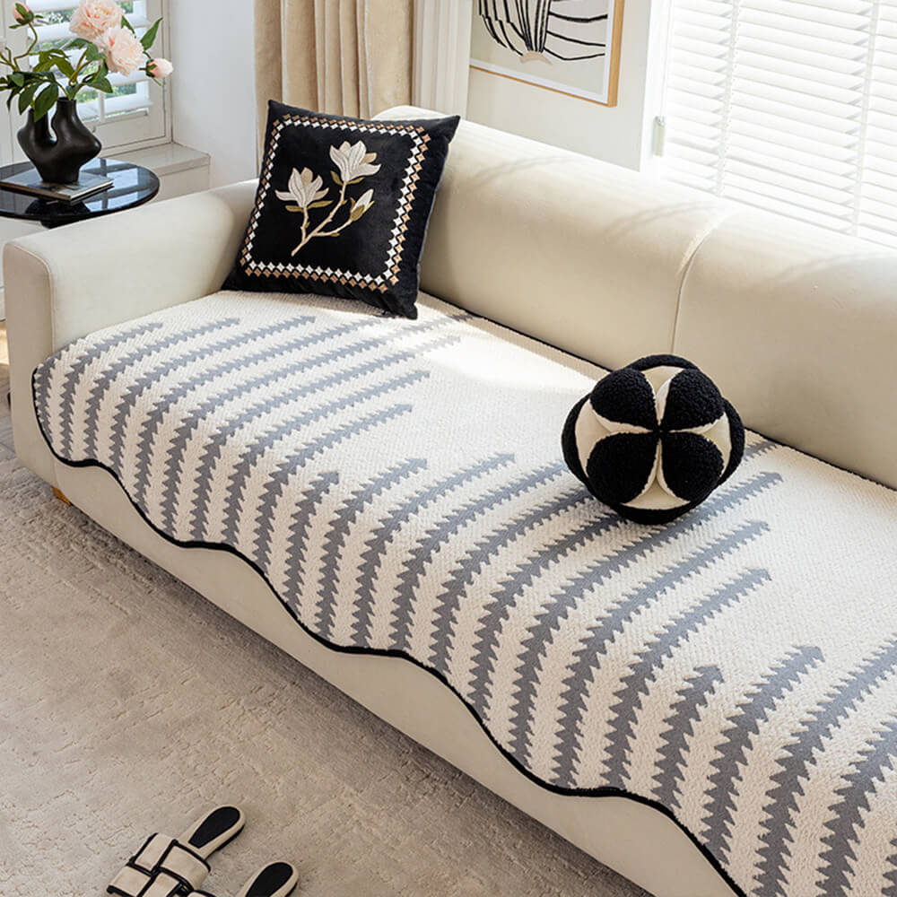 Modern Chevron Stripes Chenille Sofa Cover with Wavy Edges