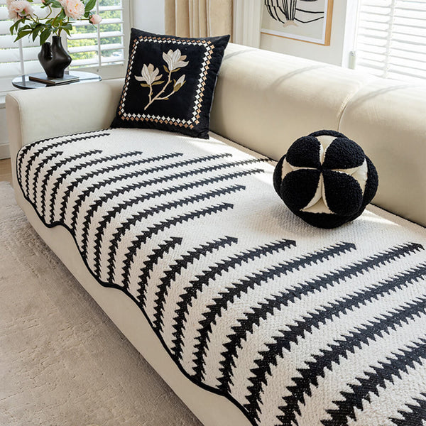 Modern Chevron Stripes Chenille Sofa Cover with Wavy Edges