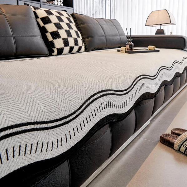 Durable Herringbone Pattern Anti-Slip Sofa Cover with Wavy Trim – Pet Scratch Resistant