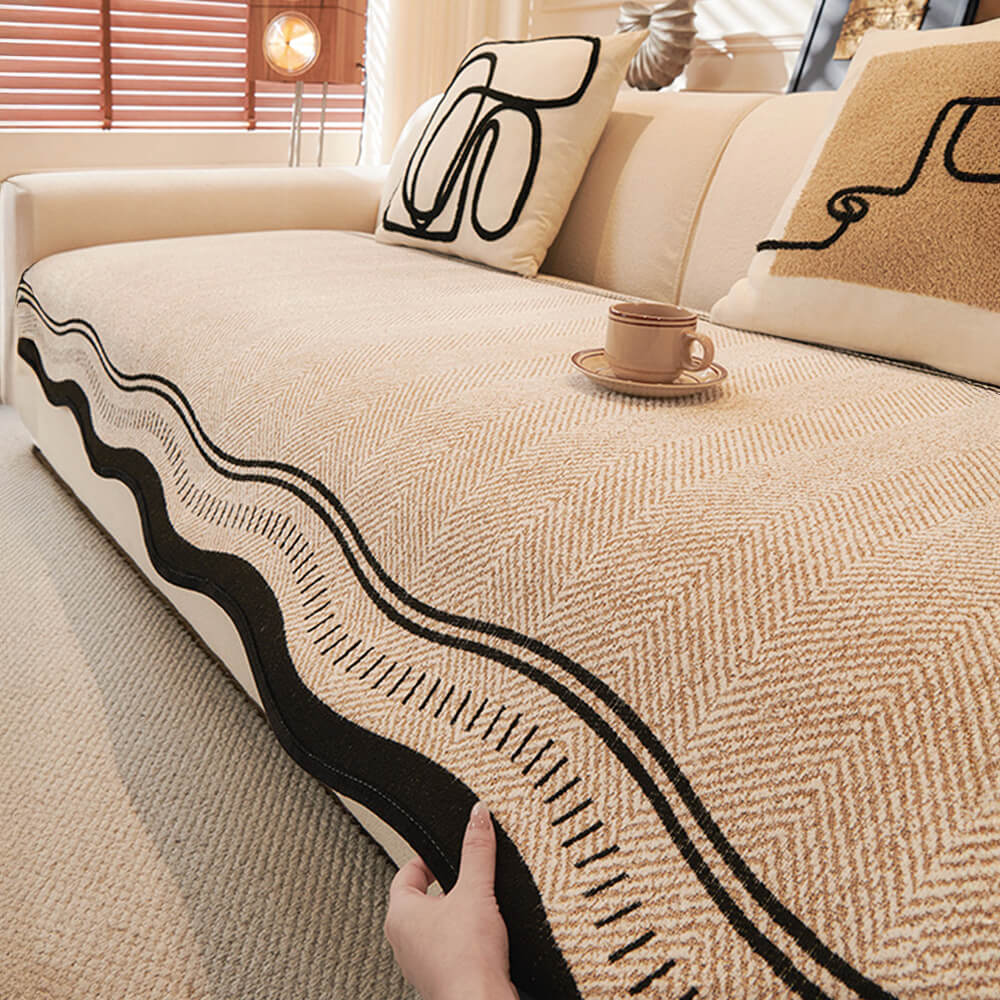 Durable Herringbone Pattern Anti-Slip Couch Cover with Wavy Trim – Pet Scratch Resistant