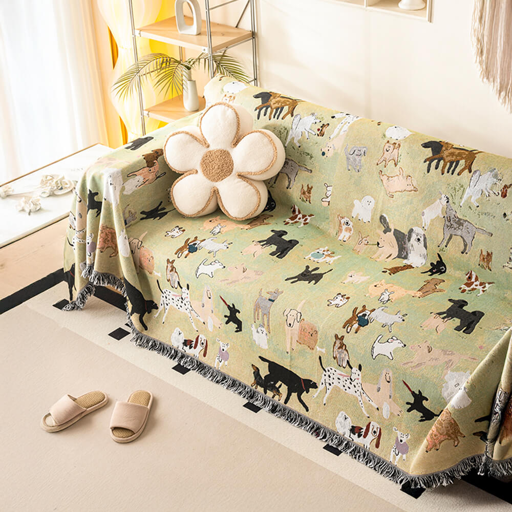 Dog Park Themed Anti-Scratch Tassel Edge Throw Couch Cover