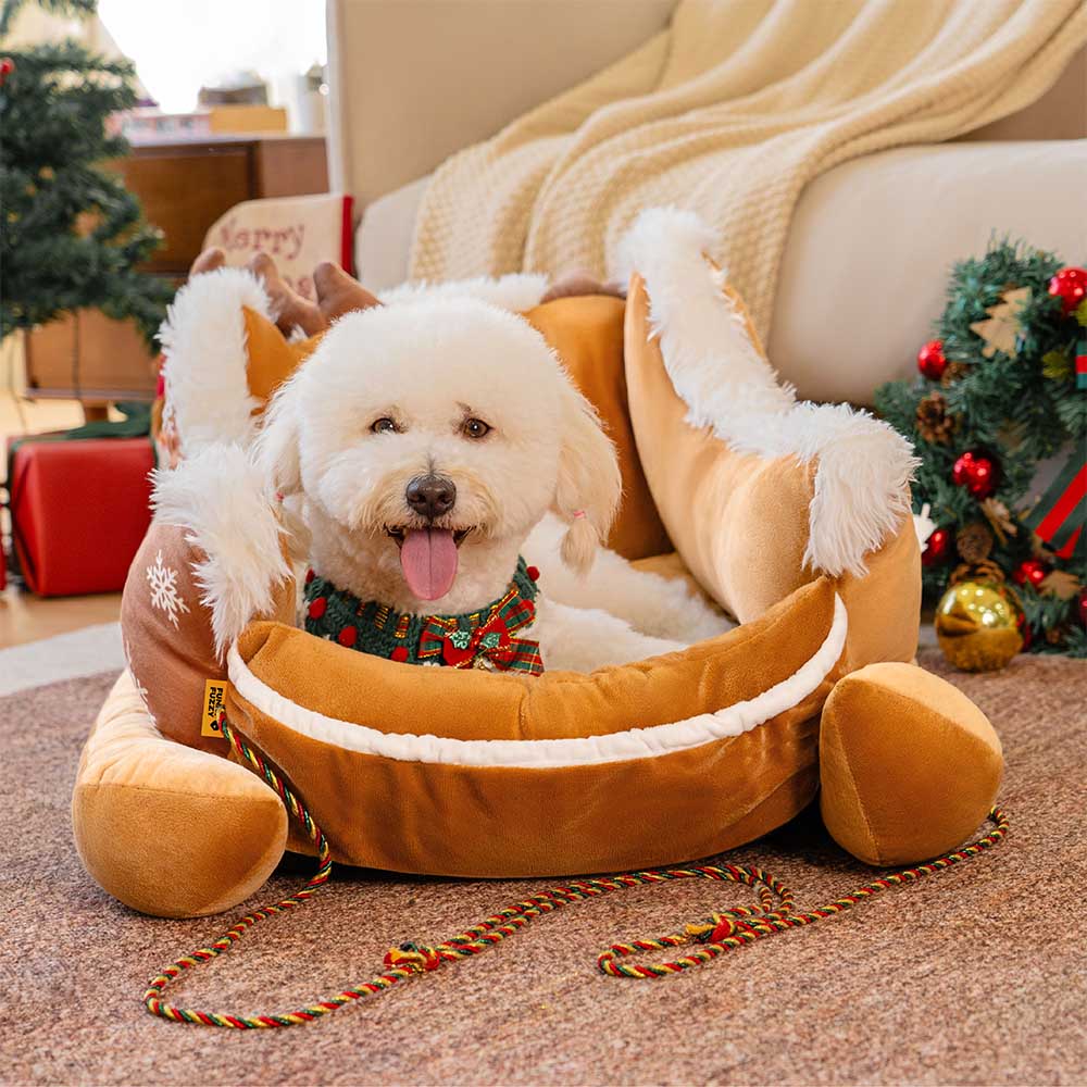 Festive Plush Cozy Dog Bed - Christmas Sleigh