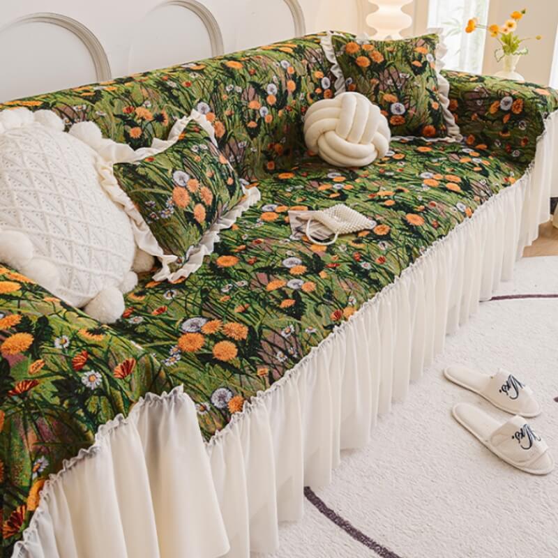 Floral Elegance Ruffled Nature-Inspired Sofa Decoration Couch Cover