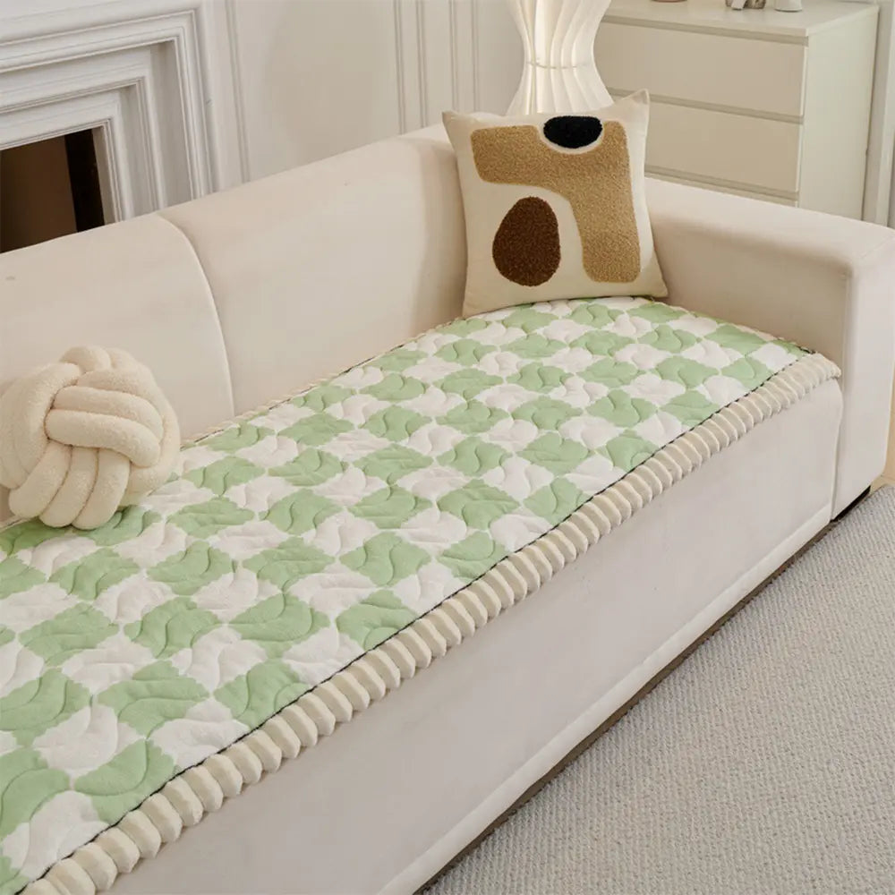 Checkered Velvet Sofa Pad Anti-Slip Quilted Sofa Cover