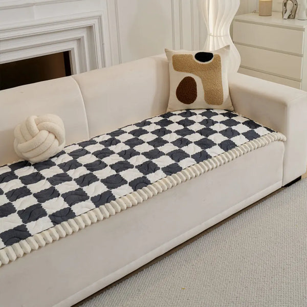 Checkered Velvet Sofa Pad Anti-Slip Quilted Sofa Cover