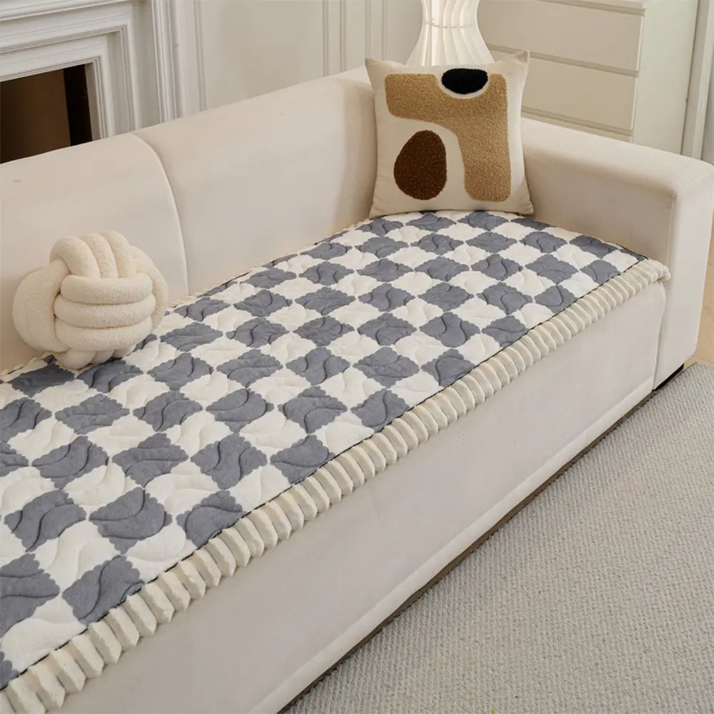 Checkered Velvet Sofa Pad Anti-Slip Quilted Sofa Cover