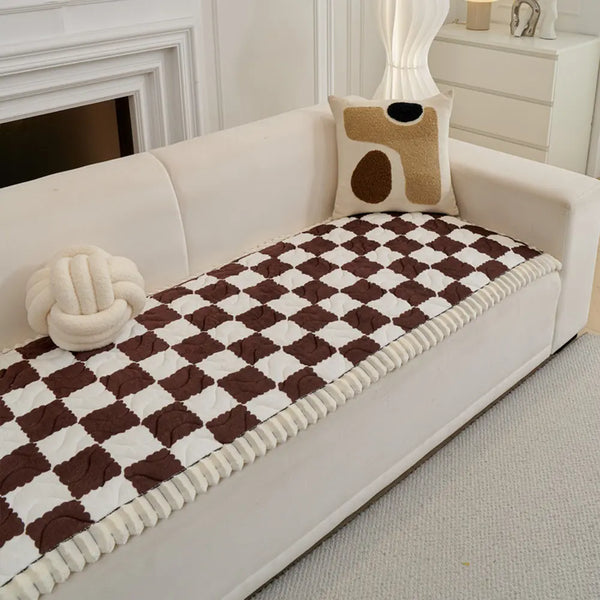 Checkered Velvet Sofa Pad Anti-Slip Quilted Sofa Cover