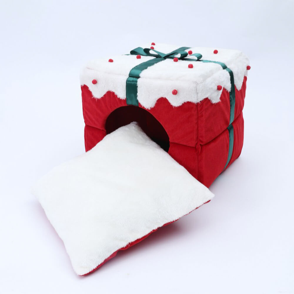 Christmas Gift Box Warm Sleeping Semi-Enclosed Cave Dog & Cat Bed