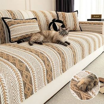 Color-Blocked Striped Chenille Non-Slip Couch Cover - Suitable For All Seasons