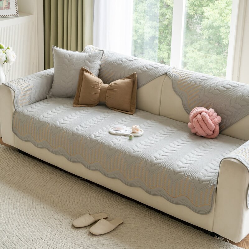 Cream Style Leaf Pattern Sofa Anti-Scratch Non-Slip Couch Cover