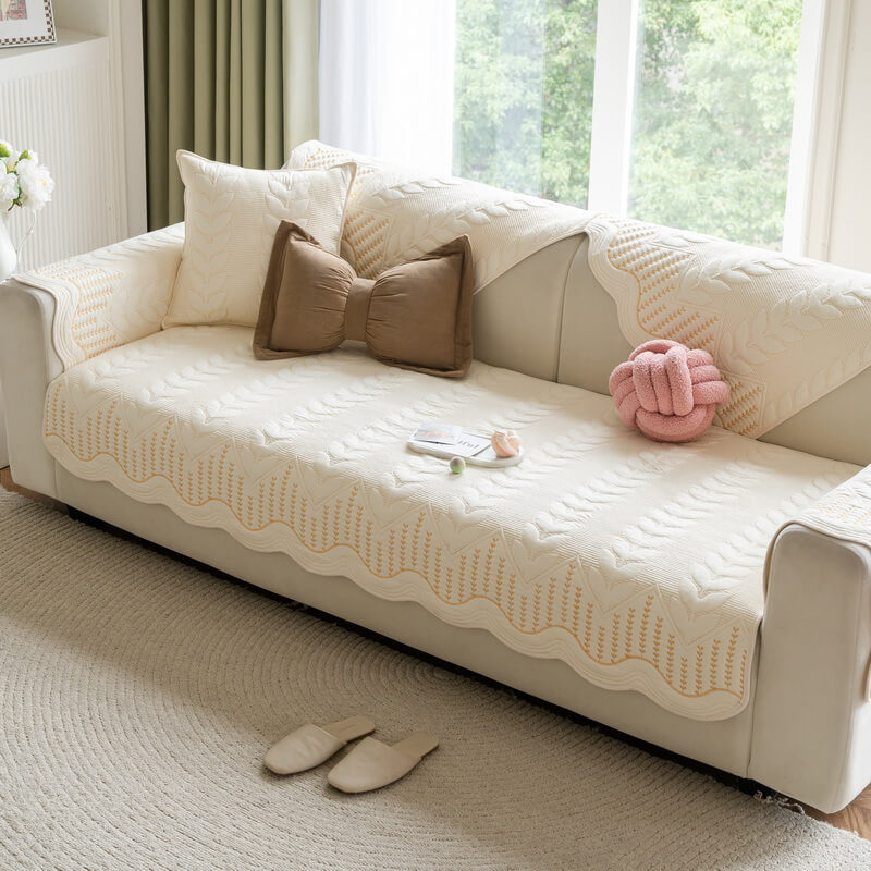 Cream Style Leaf Pattern Sofa Anti-Scratch Non-Slip Couch Cover