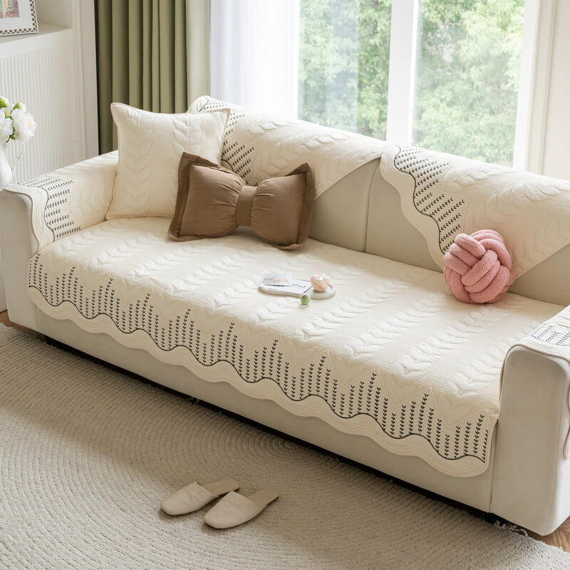 Cream Style Leaf Pattern Sofa Anti-Scratch Non-Slip Couch Cover