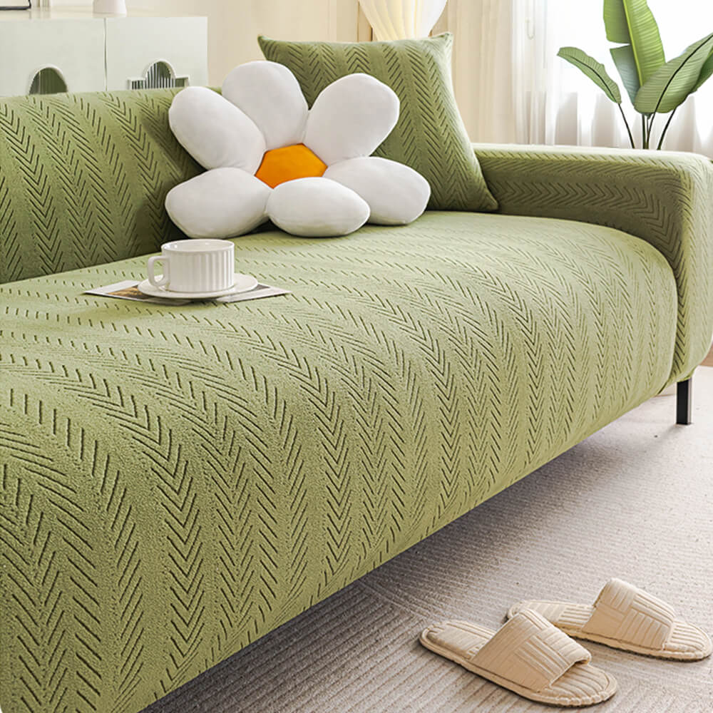 Elegant Herringbone Cream Aesthetic Stretch Magic Sofa Cover