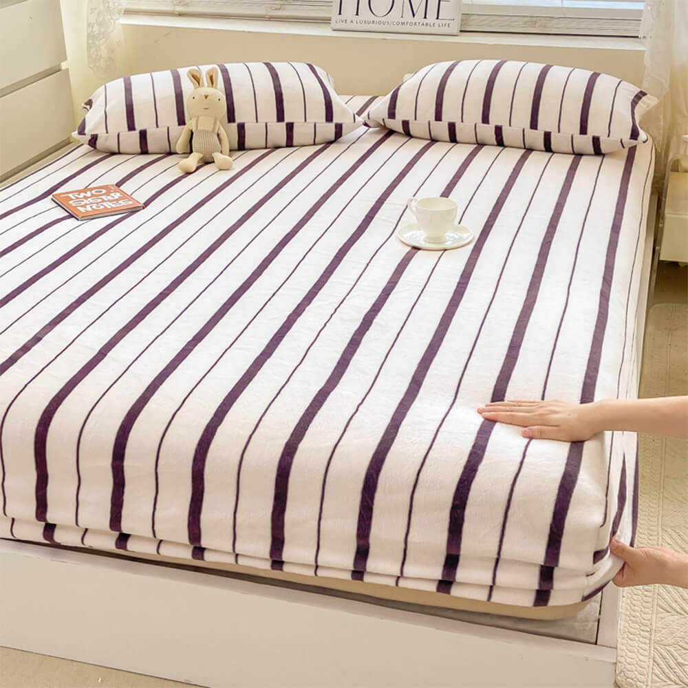 Elegant Striped Milk Velvet Non-Slip Fitted Sheet Set