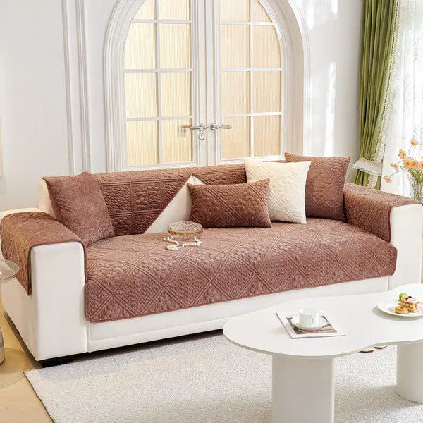 Embossed Geometric Pattern Soft Plush Quilted Non-Slip Sofa Cover
