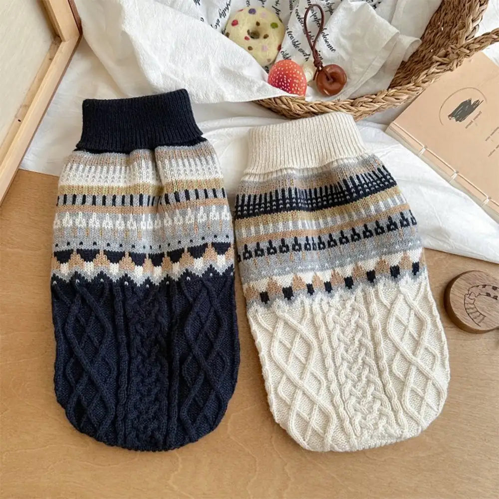 Fair Isle Pattern Knitted Linen Dog Sweater with Classic Collar