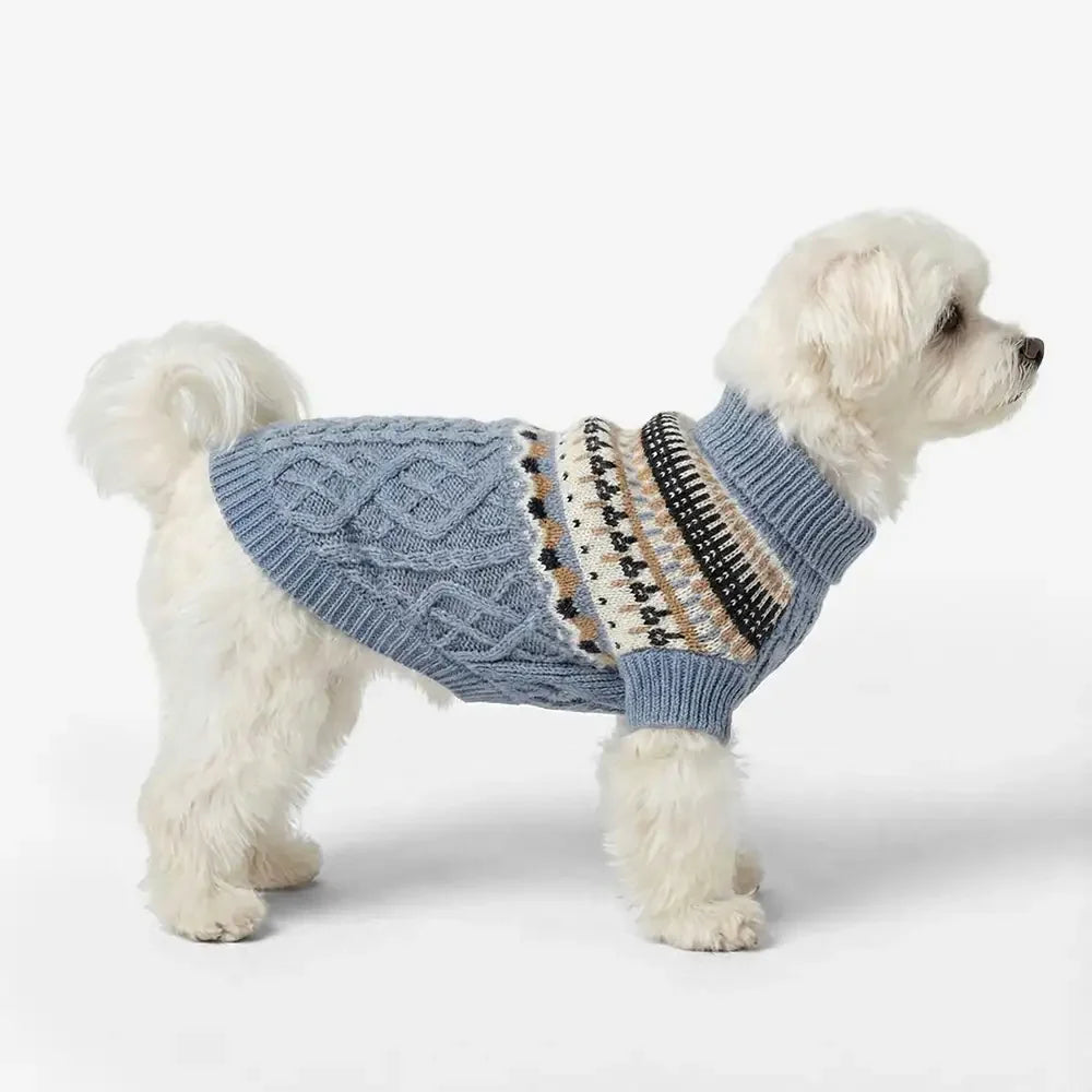 Fair Isle Pattern Knitted Linen Dog Sweater with Classic Collar
