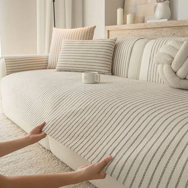 Faux Cotton-Linen Chenille Striped Breathable Scratch-Resistant Couch Cover
