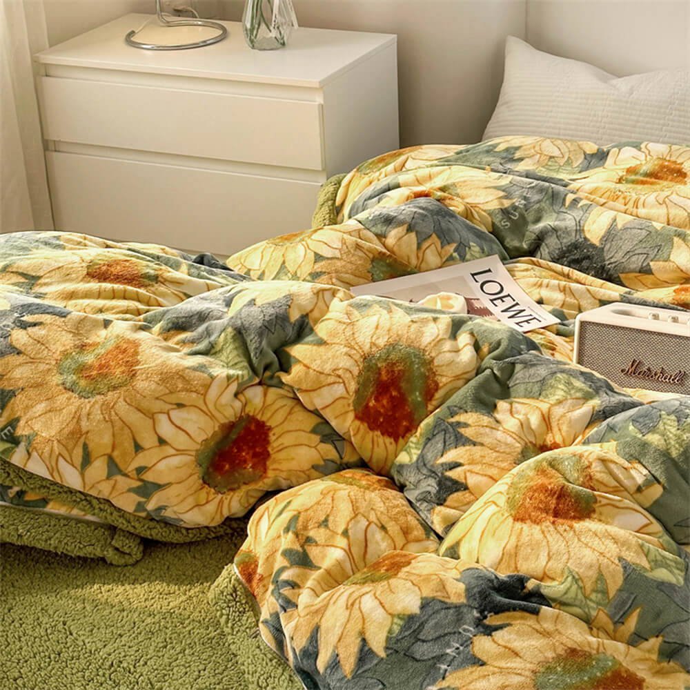 Floral Print Milk Velvet & Sherpa Double-Sided Bed Sheet Set