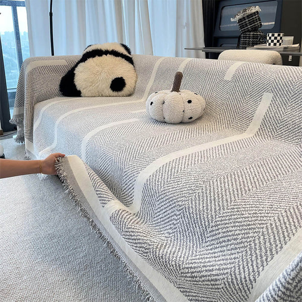 Herringbone Pattern Fringed Chenille Throw Sofa Cover