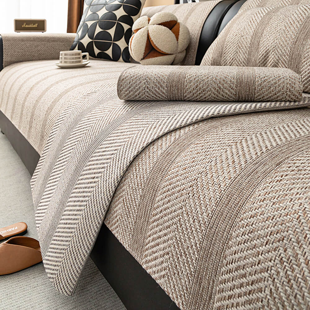 Minimalist Herringbone Weave Breathable Faux Linen All-Season Sofa Cover