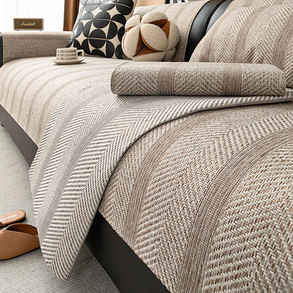 Minimalist Herringbone Weave Breathable Faux Linen All-Season Sofa Cover